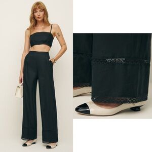 Reformation Women Linen Pants Size 8 Wide Leg Lace Trim Black Chic Casual Resort